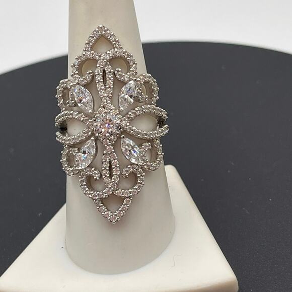 Designer Signed Sterling Silver 925 Filigree Marquise and Pave CZ Ring Sz 8.5 - Picture 9 of 11
